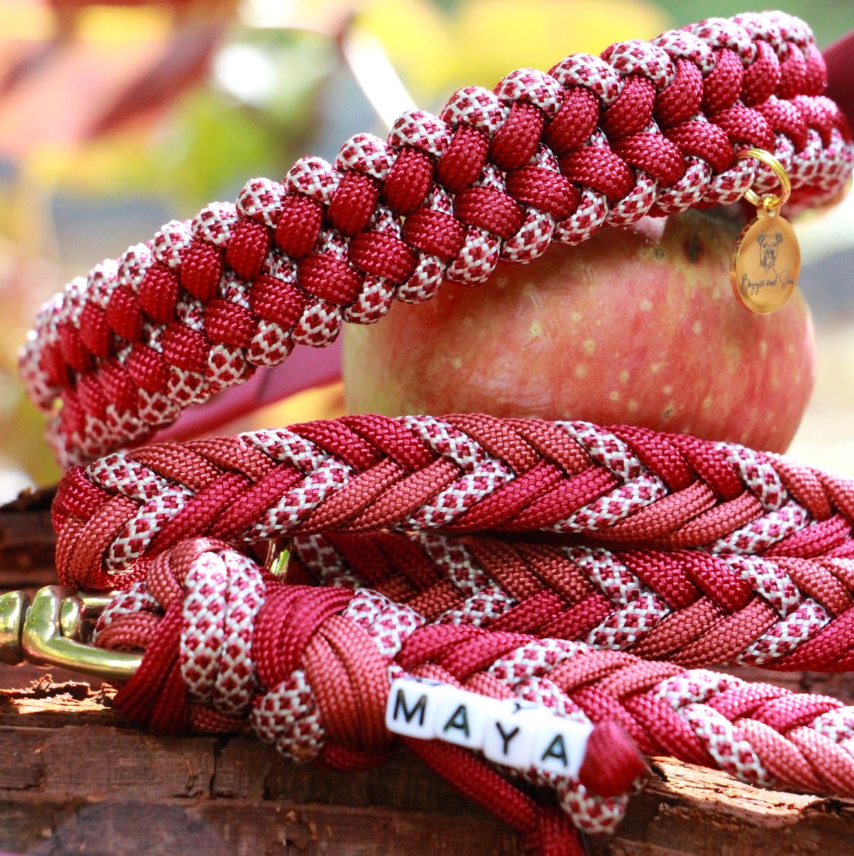 Set aus geflochtenem Halsband & Fishbone-Leine "Velvet Fall" personalisierbar