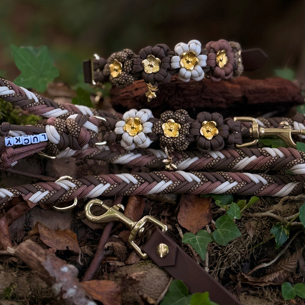 Set aus Blumenhalsband & Blumenleine "Golden Hazelnut" personalisierbar