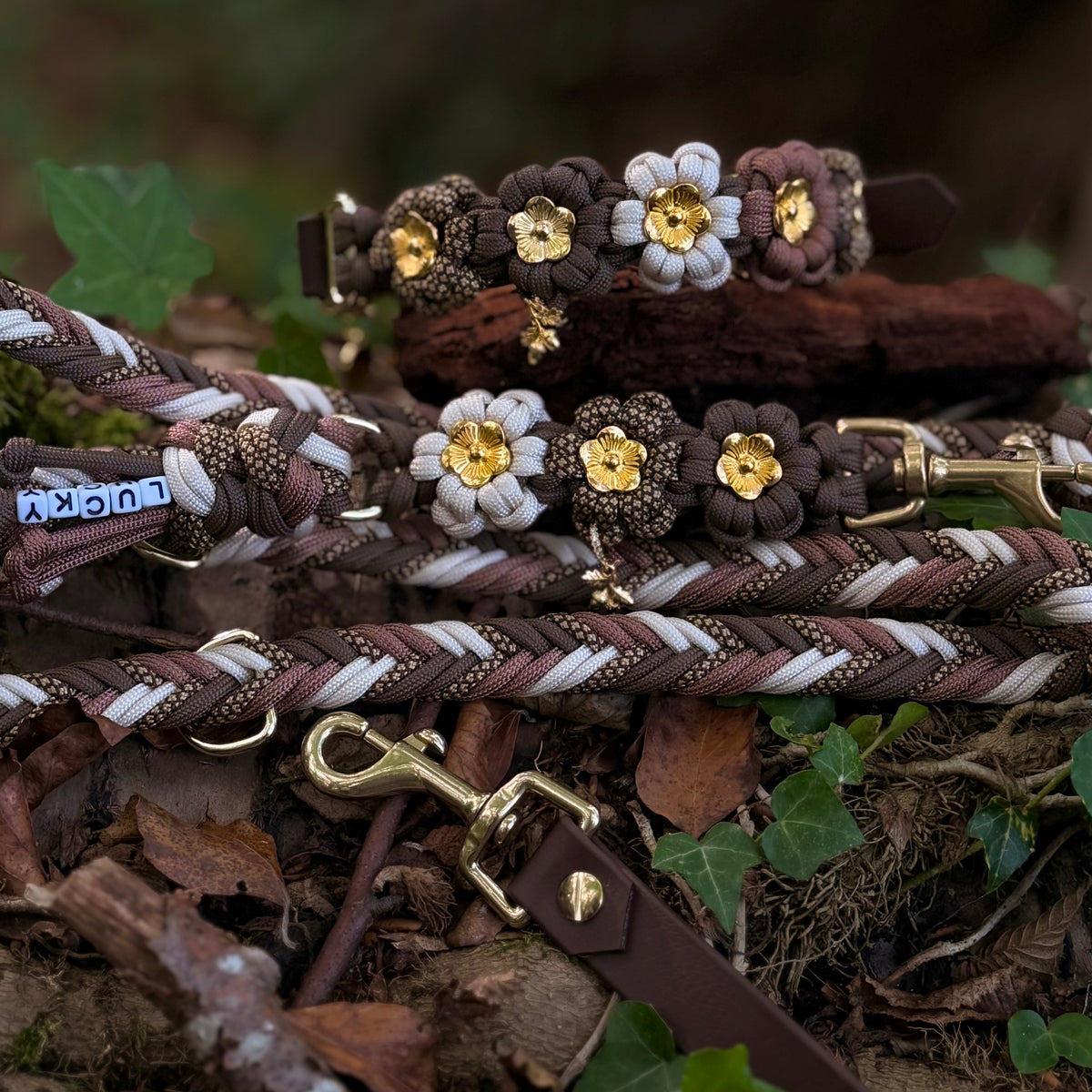 Set aus Blumenhalsband & Blumenleine "Golden Hazelnut" personalisierbar