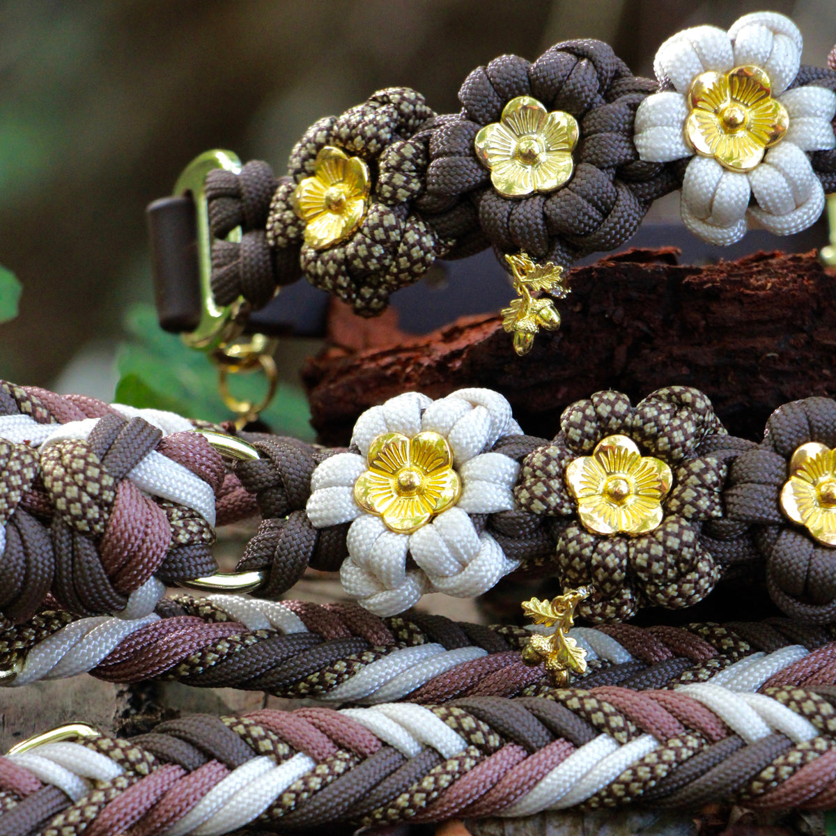 Set aus Blumenhalsband & Blumenleine "Golden Hazelnut" personalisierbar