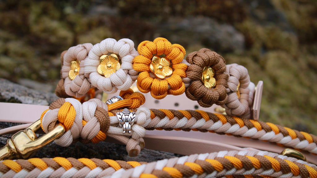 Set aus Blumenhalsband & geflochtener Leine "Golden Summer" personalisierbar