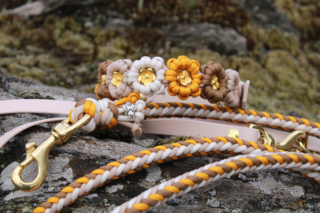 Set aus Blumenhalsband & geflochtener Leine "Golden Summer" personalisierbar