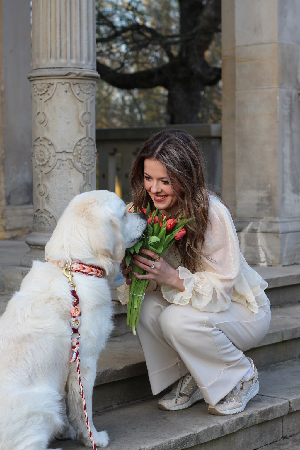 Set aus geflochtenem Halsband & Blumenleine "Sunset Bloom" personalisierbar