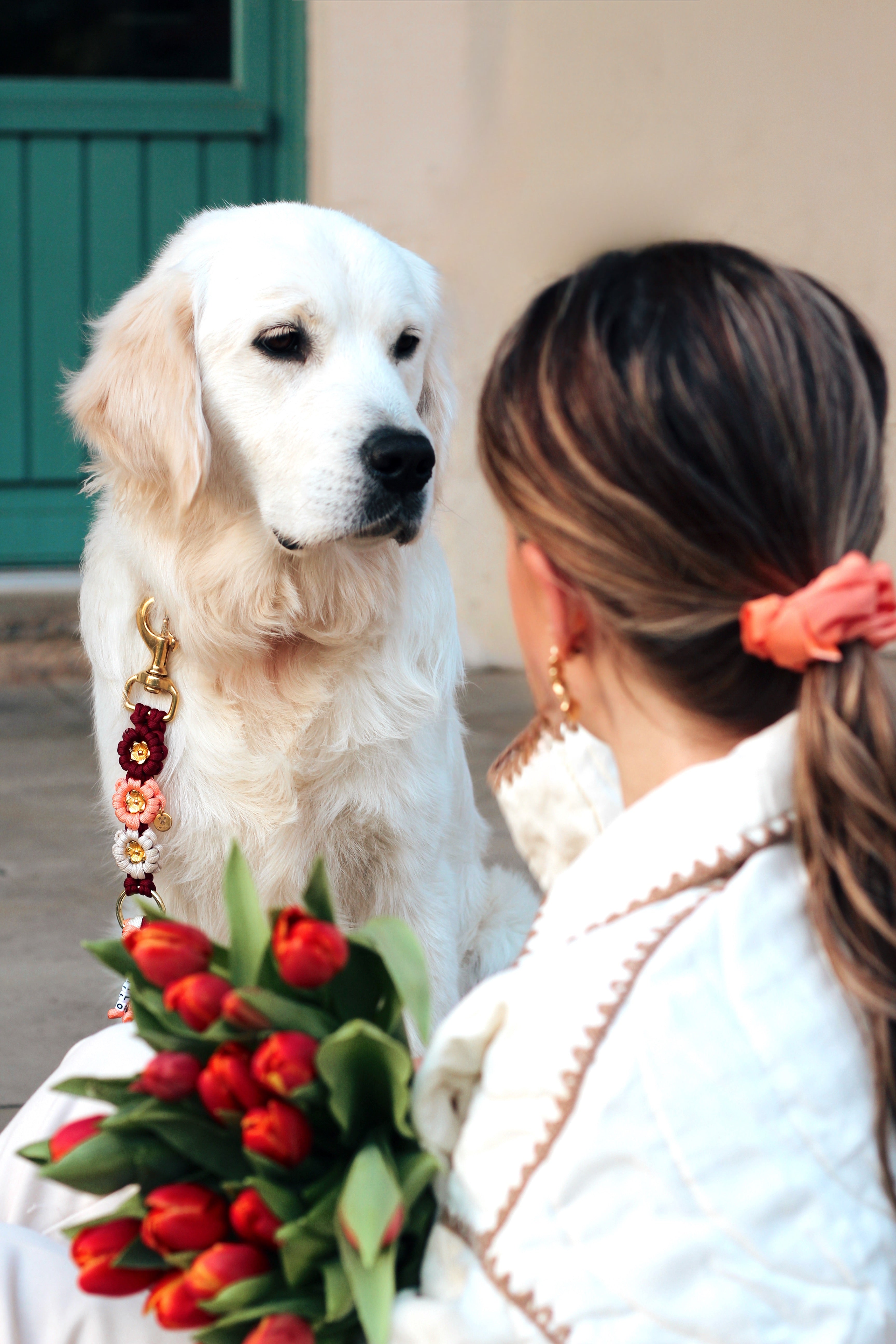 Set aus geflochtenem Halsband & Blumenleine "Sunset Bloom" personalisierbar