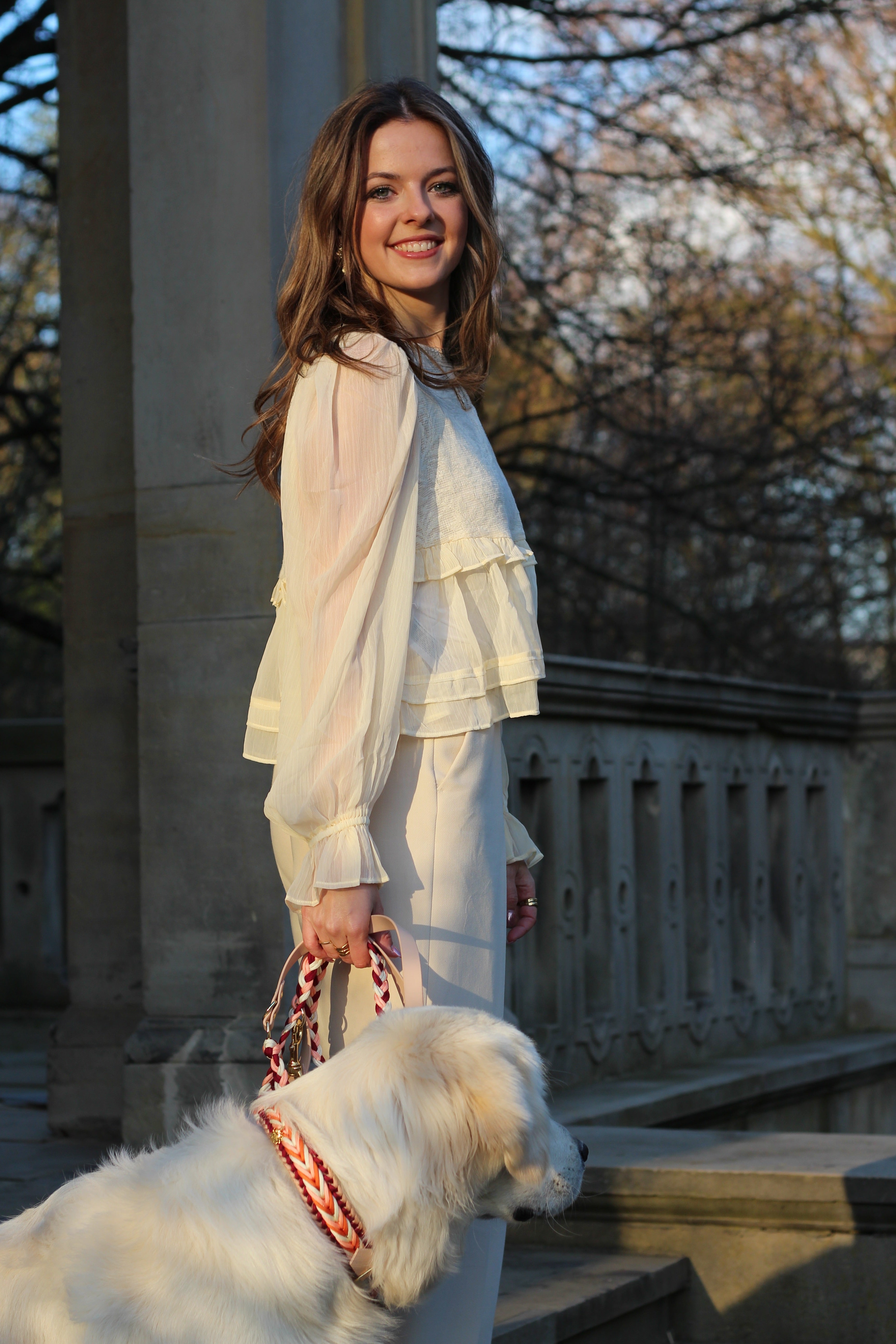 Set aus geflochtenem Halsband & Blumenleine "Sunset Bloom" personalisierbar