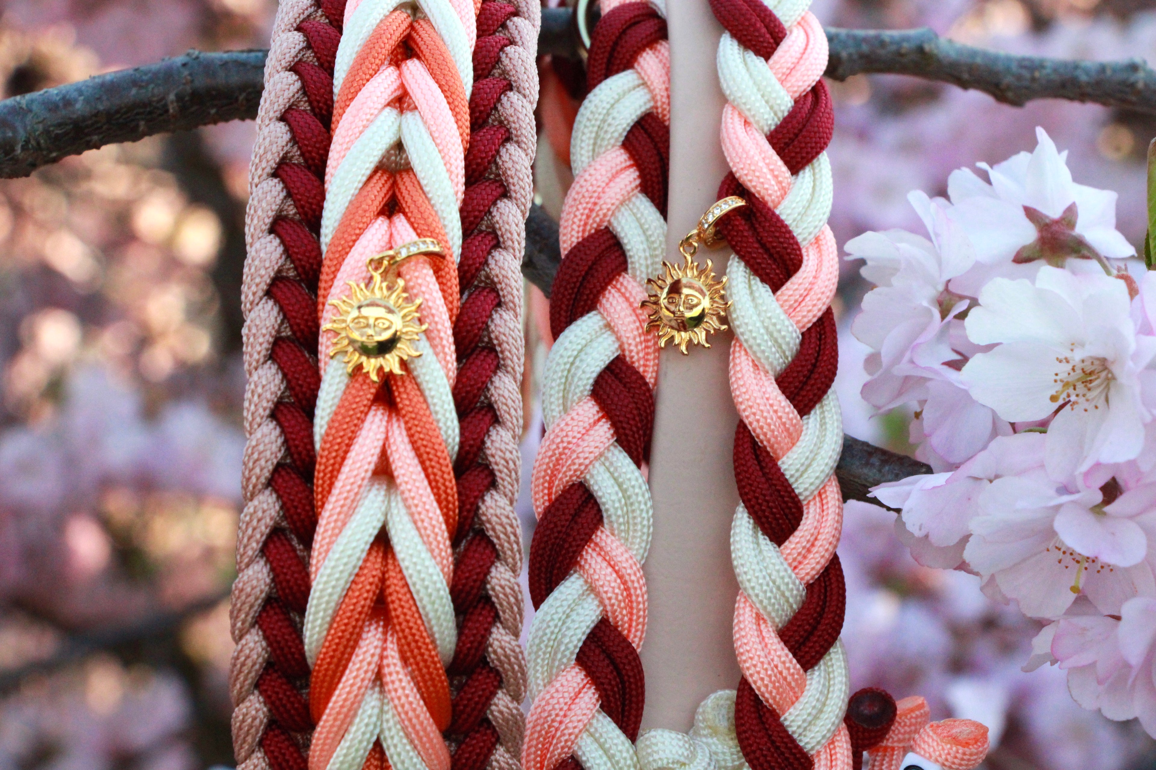Set aus geflochtenem Halsband & Blumenleine "Sunset Bloom" personalisierbar