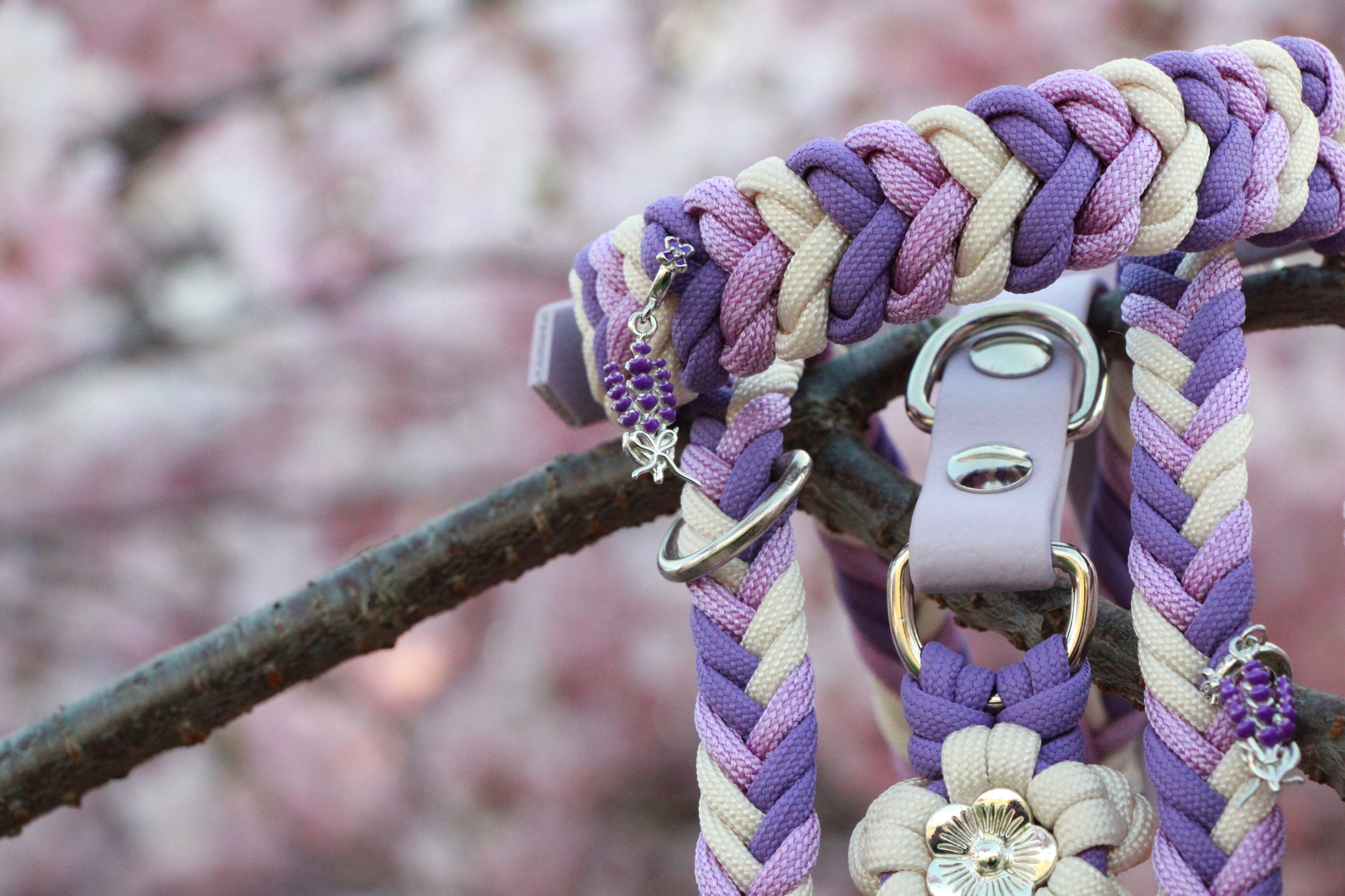 Set aus geflochtenem Halsband & Blumenleine "Lavendel Dream" personalisierbar