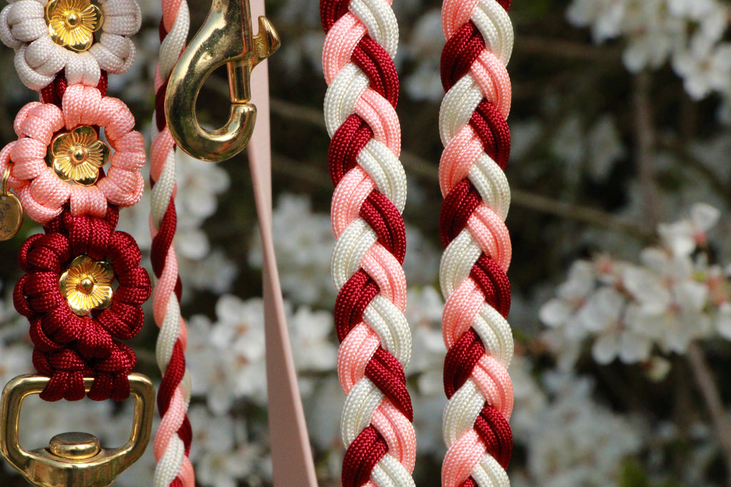 Set aus geflochtenem Halsband & Blumenleine "Sunset Bloom" personalisierbar