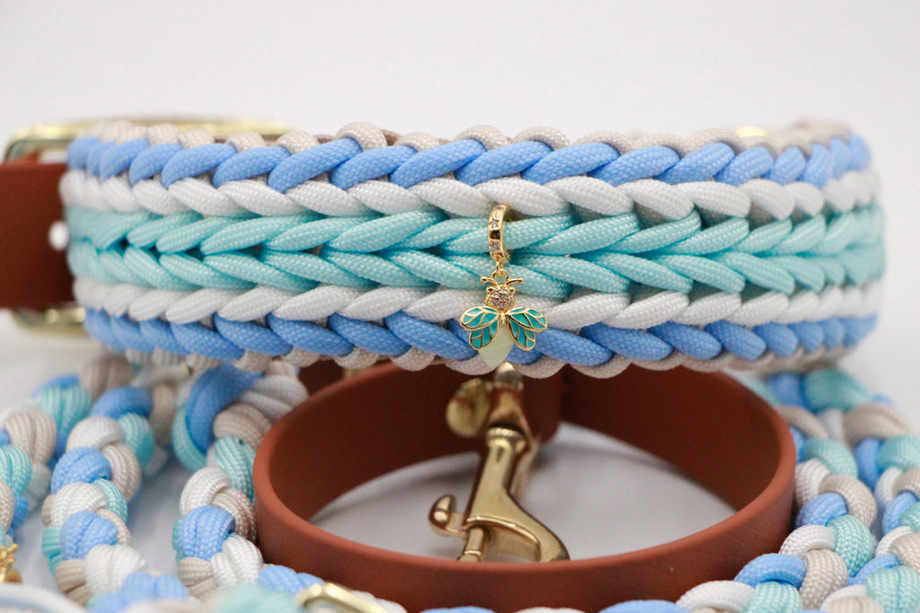 Set aus geflochtenem Halsband & Blumenleine "Polar Breeze" personalisierbar