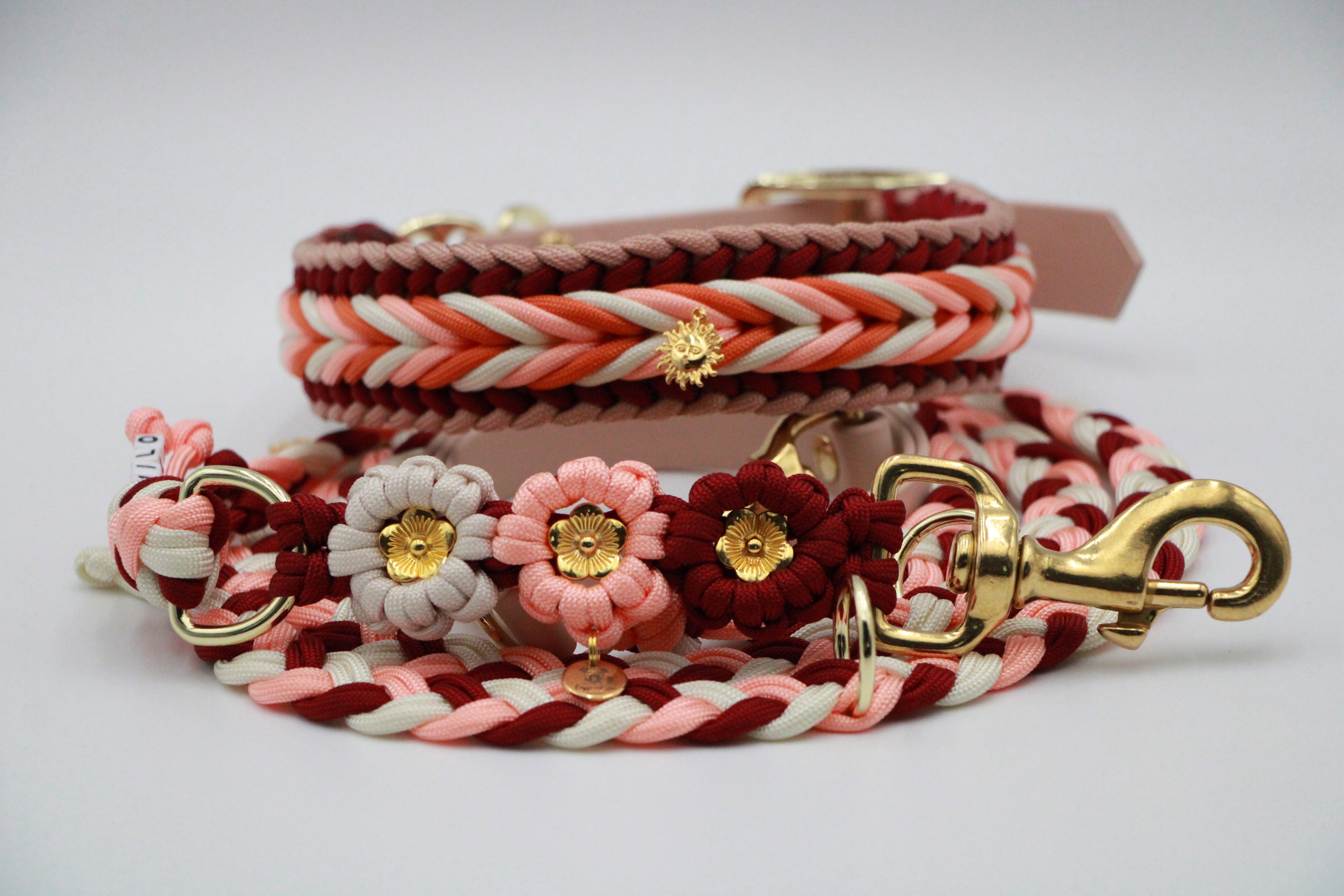 Set aus geflochtenem Halsband & Blumenleine "Sunset Bloom" personalisierbar