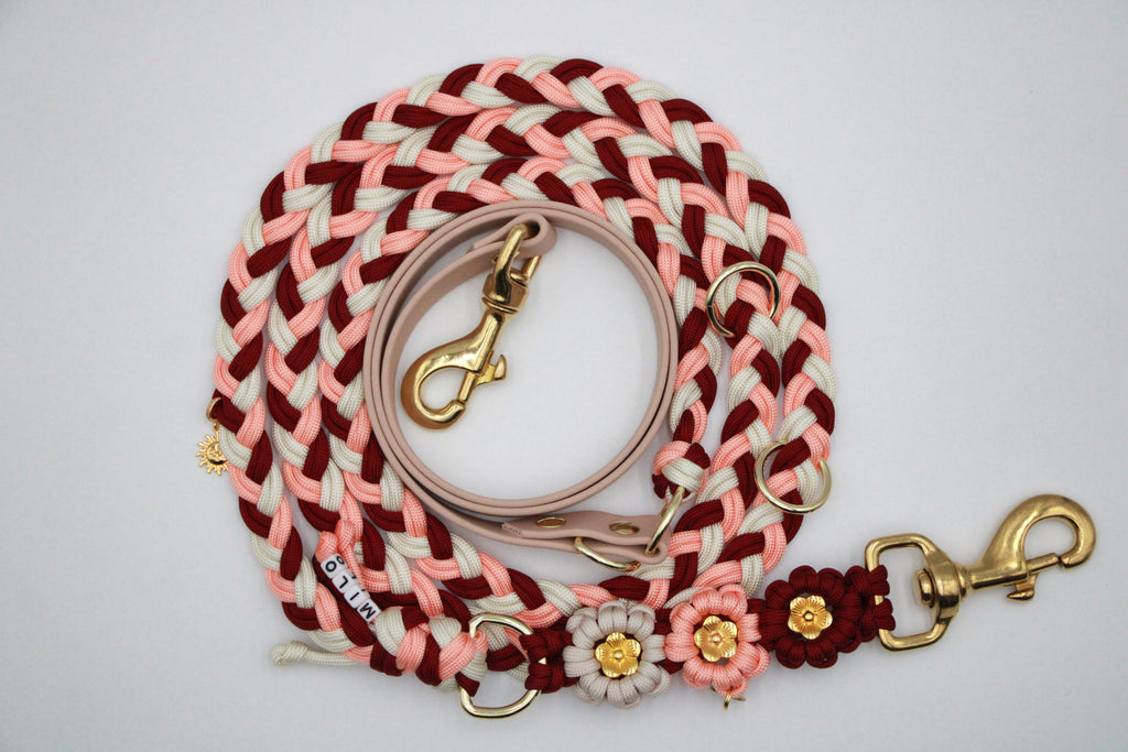 Set aus geflochtenem Halsband & Blumenleine "Sunset Bloom" personalisierbar