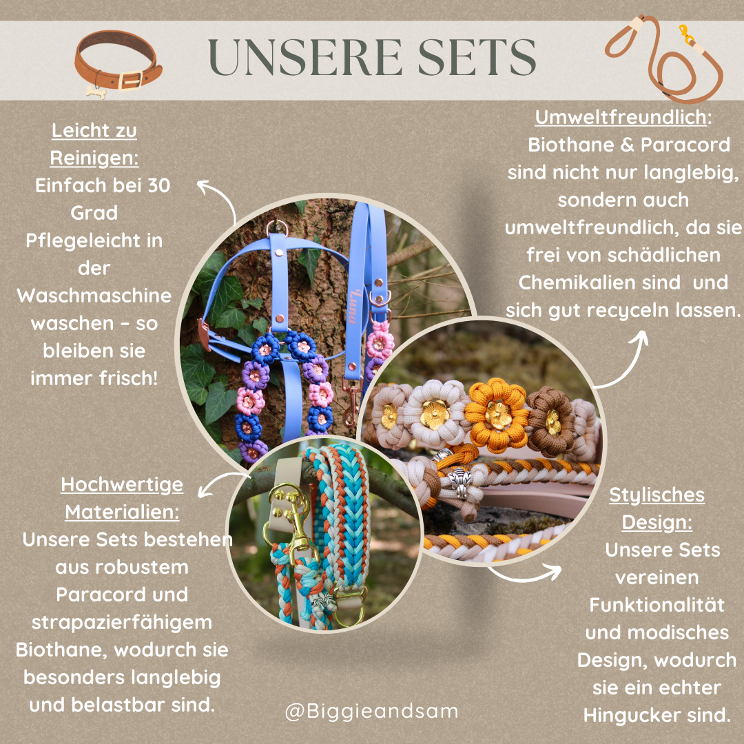 Set aus geflochtenem Halsband & Blumenleine "Sunset Bloom" personalisierbar