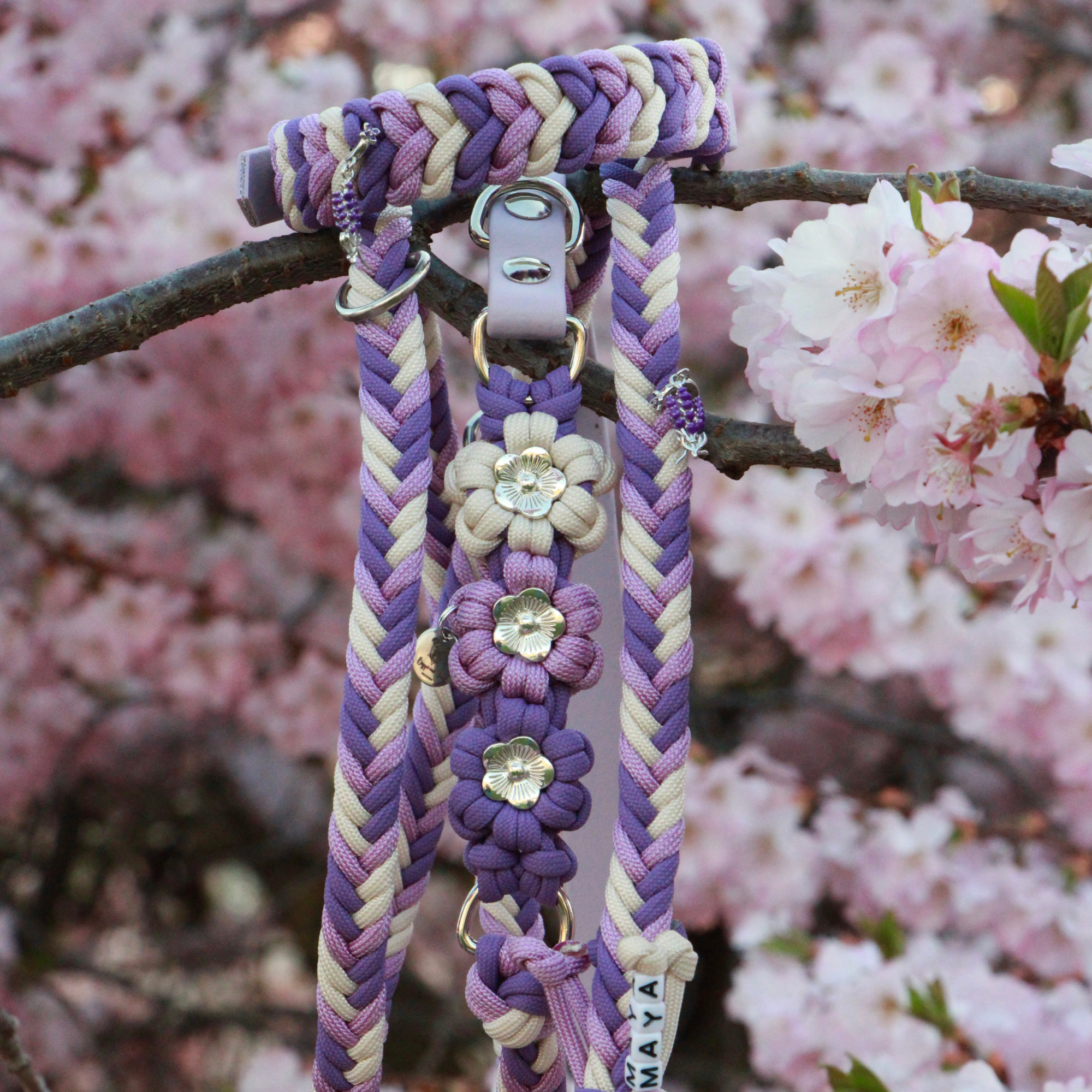 Set aus geflochtenem Halsband & Blumenleine "Lavendel Dream" personalisierbar